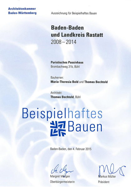 Beispielhaftes Bauen Baden-Baden LK Rastatt 2008-2014 Urkunde